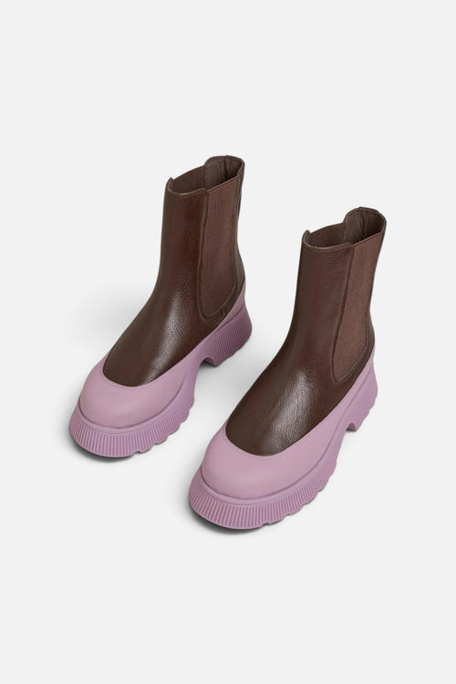 Charlotte Stone Gwen Chelsea boot in brown leather with a lilac rubber bumper, side profile.