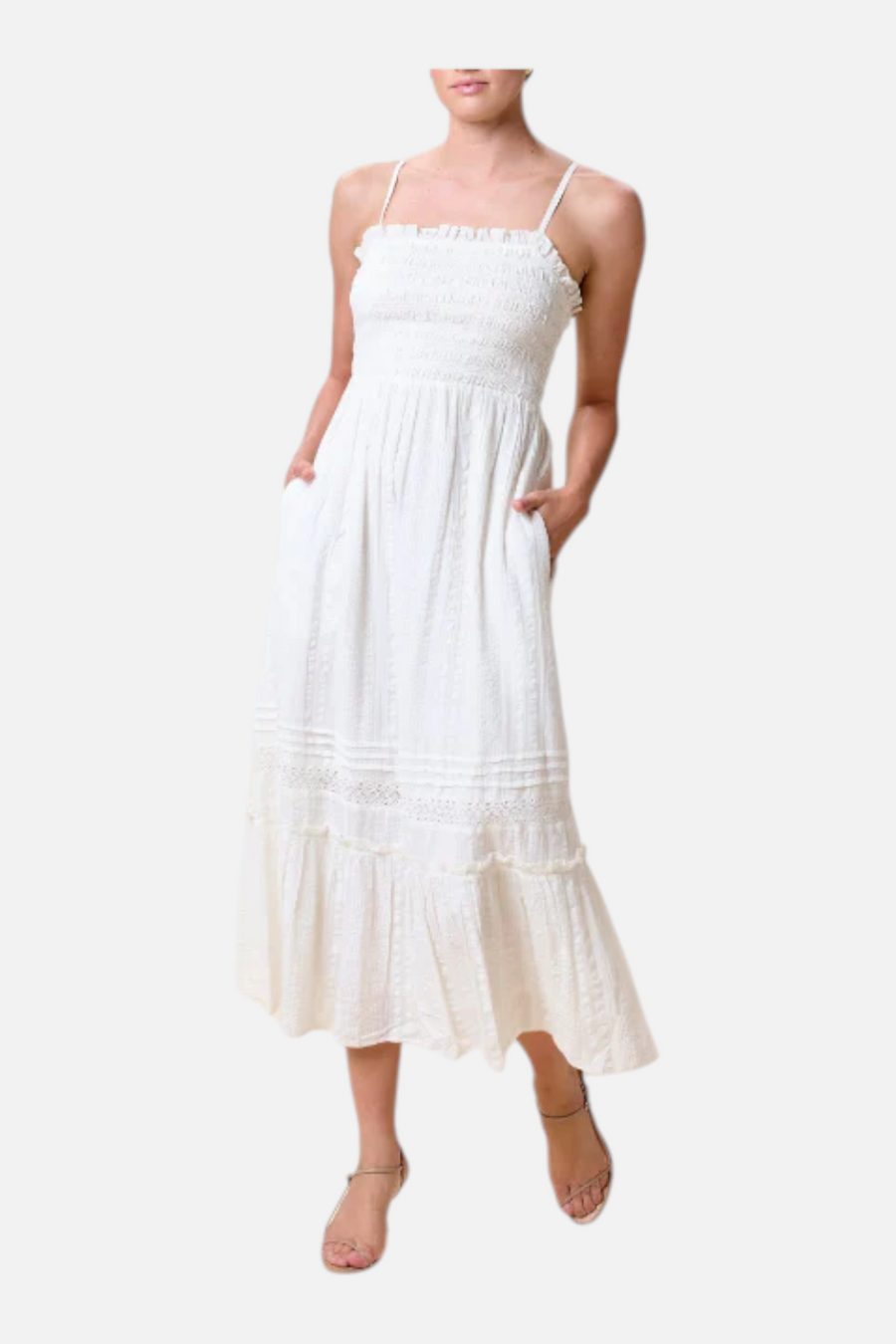 Cleobella Magnolia Organic Cotton Smocked Ankle Dress in Ivory – front view
