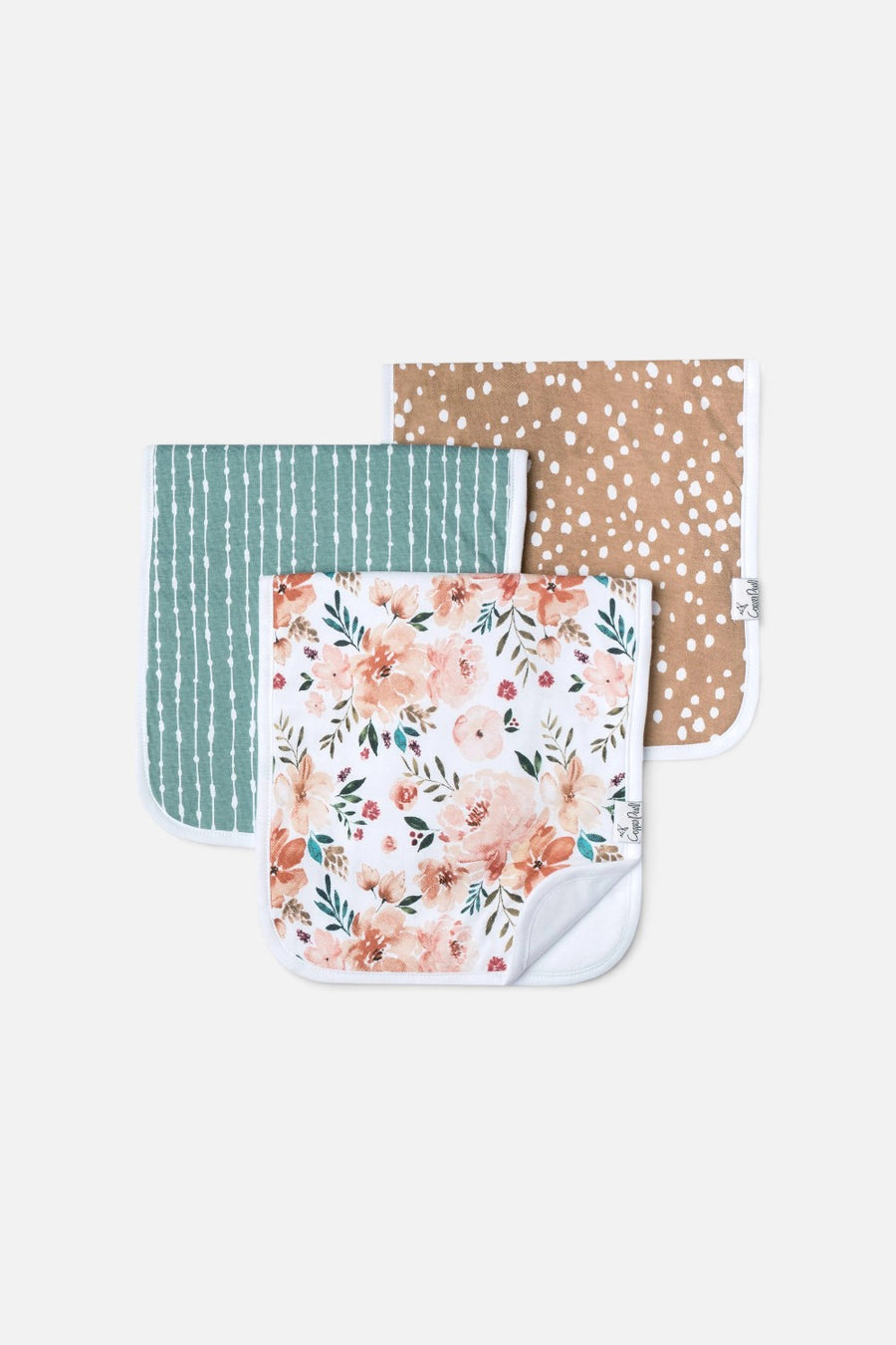Copper Pearl Autumn burp cloths, set of three in a multi-color print.