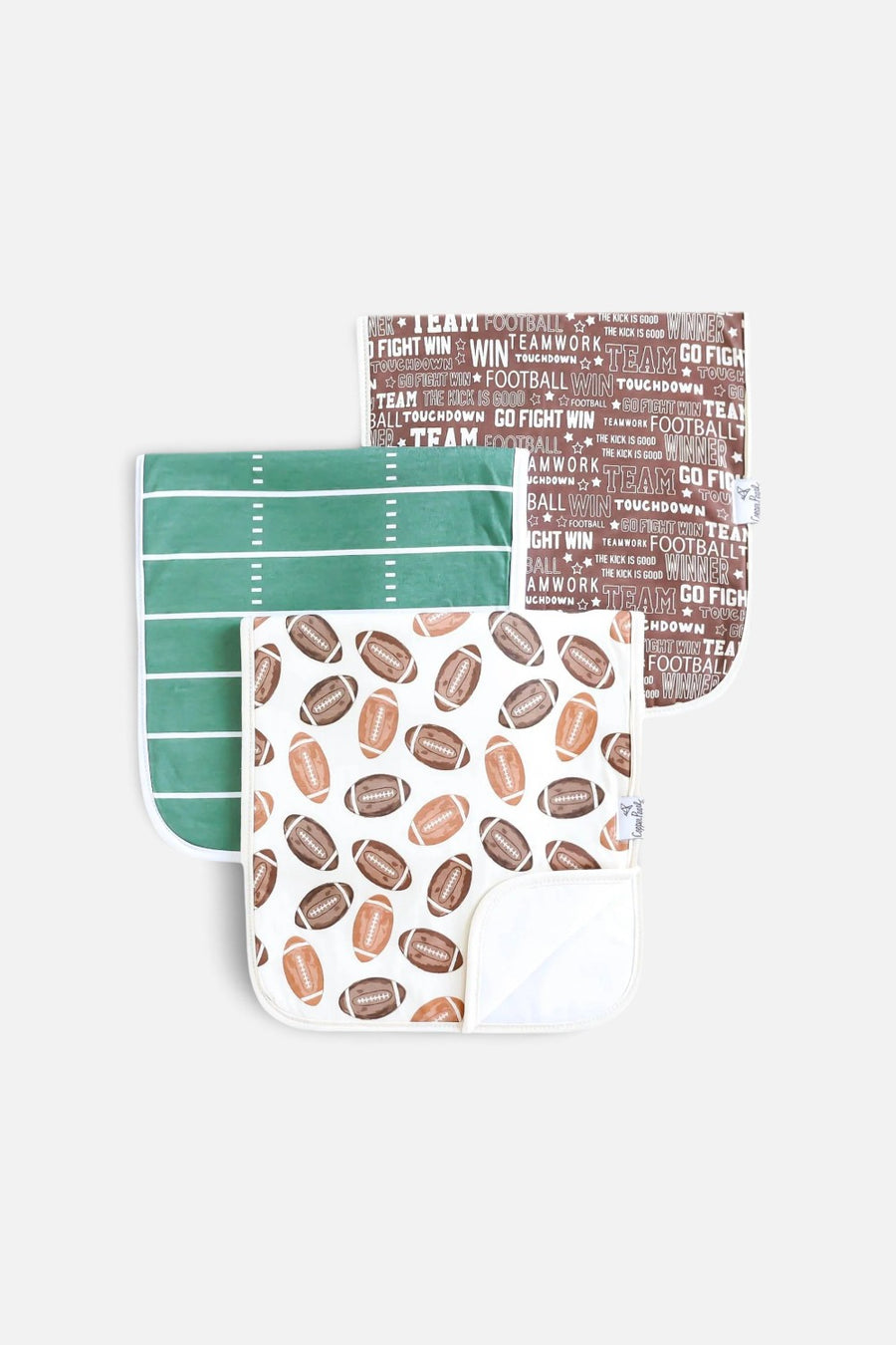 Copper Pearl Blitz burp cloths, set of three in a football print.