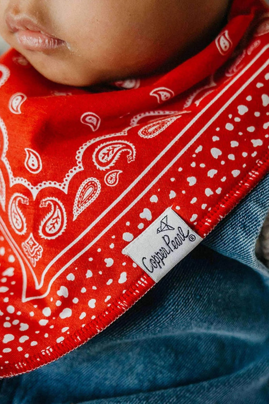 Copper Pearl Boone baby bandana bib, back showing nickel-free snaps.