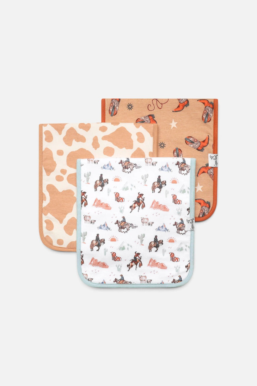Copper Pearl Boone burp cloths, set of three in a multi-color print.