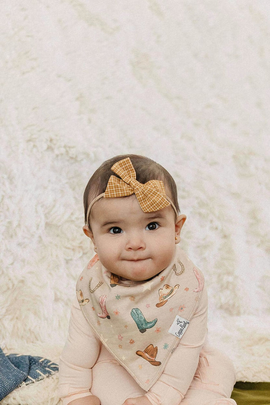Copper Pearl Cheyenne baby bandana bib, print detail.