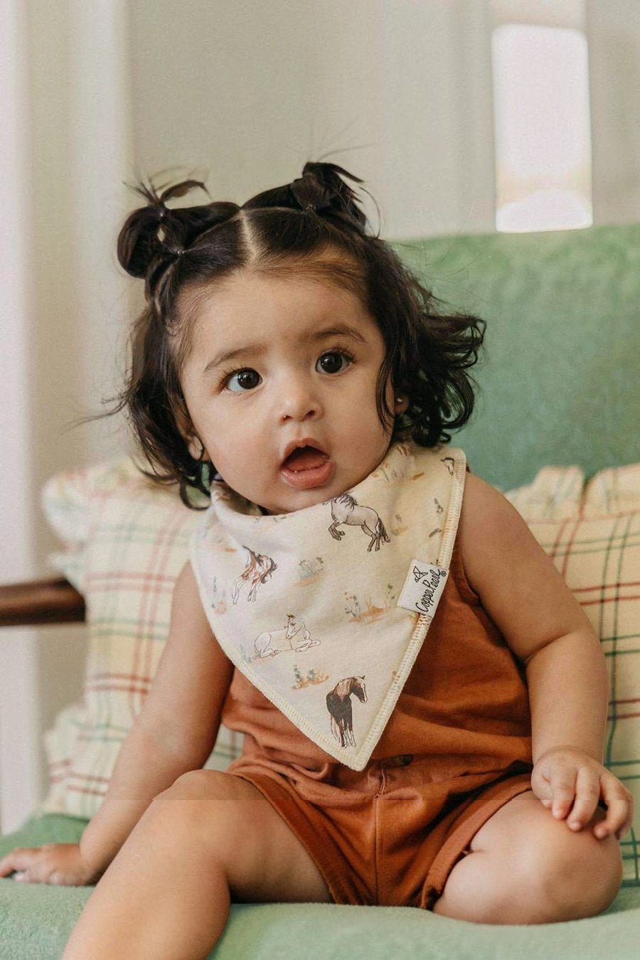 Copper Pearl Cheyenne baby bandana bib, back showing nickel-free snaps.