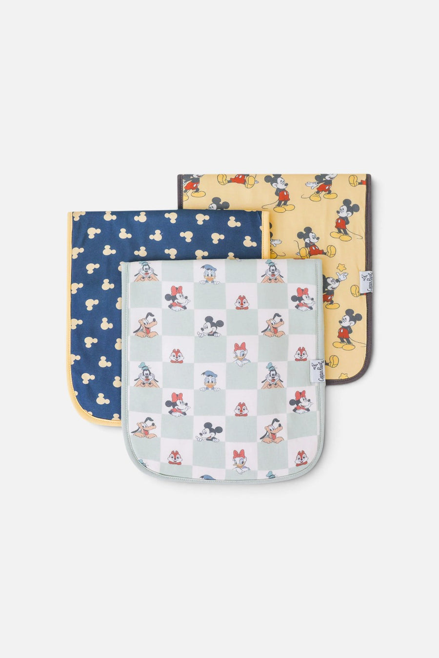 Copper Pearl Mickey Mouse burp cloths, set of three.