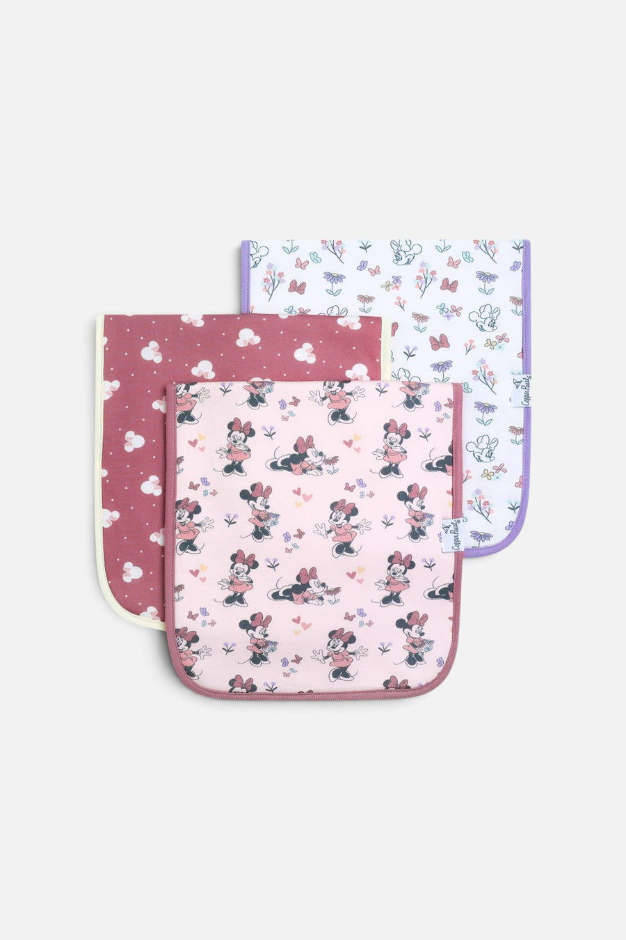 Copper Pearl Minnie Mouse burp cloths, set of three.