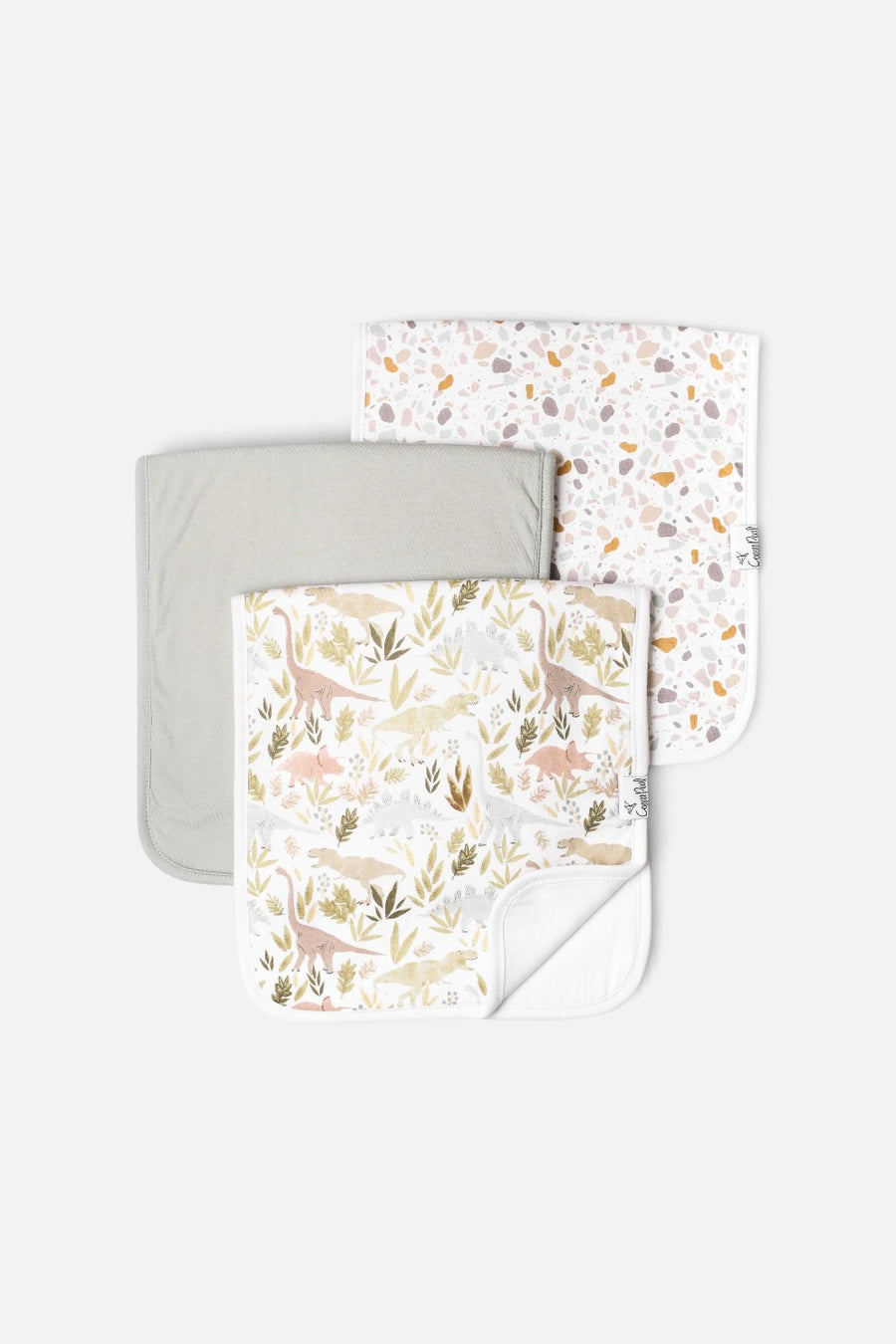 Copper Pearl Rex burp cloths, set of three in a dinosaur print.