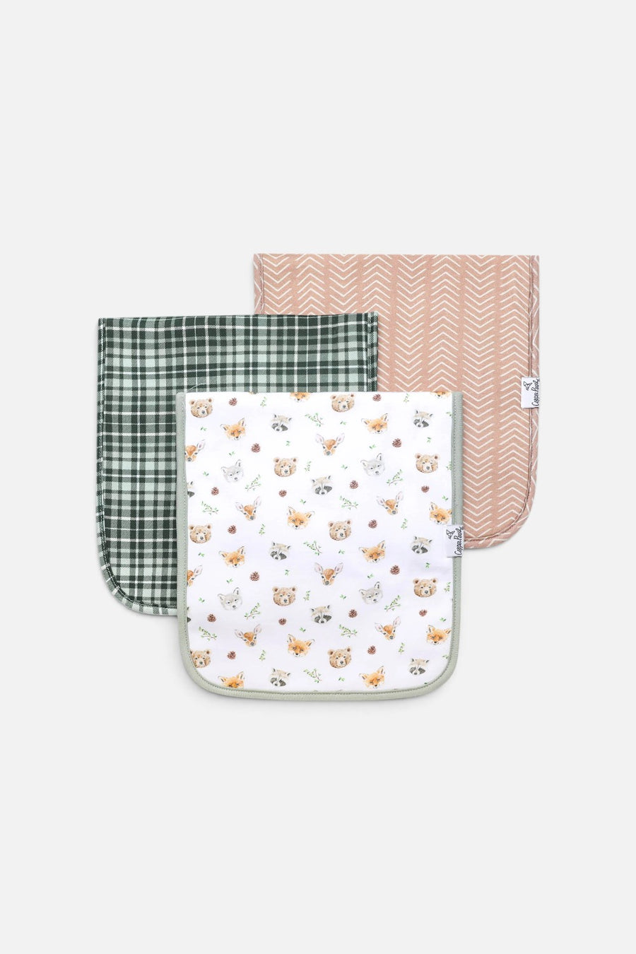 Copper Pearl Wilder burp cloths, set of three in a multi-color print.