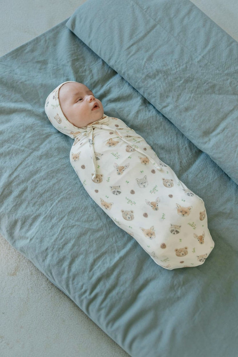 Copper Pearl Wilder swaddle blanket wrapped around a baby.