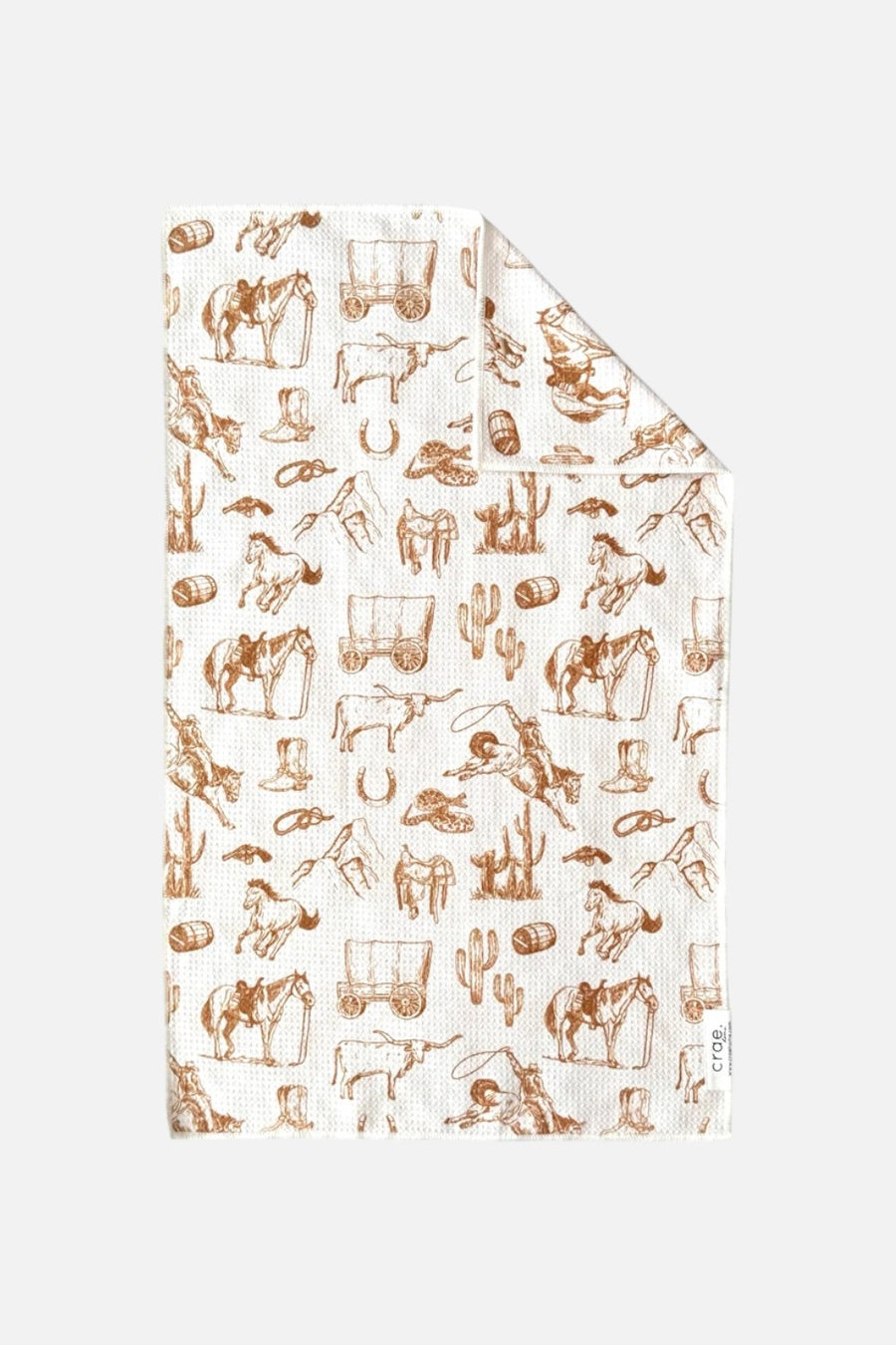 Crae Home Western double-sided waffle weave tea towel with a cowboy print.