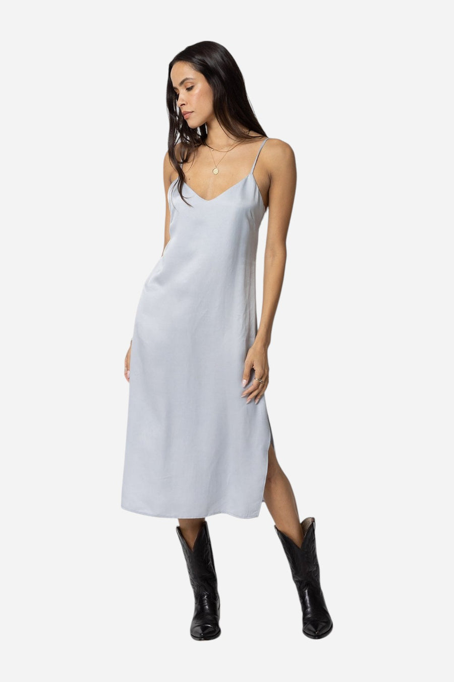Stillwater Cupro Silky Slip Midi Dress in Silver
