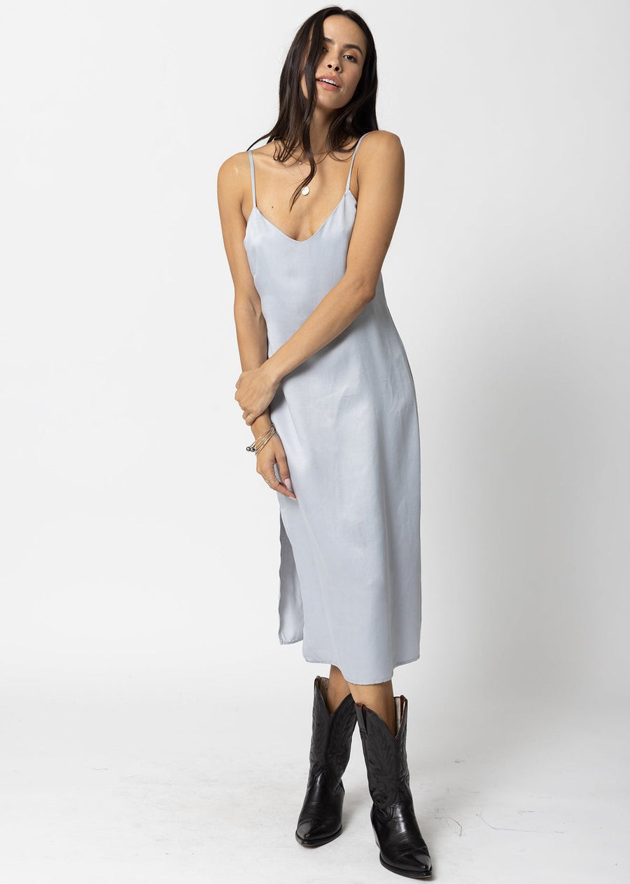 Stillwater Cupro Silky Slip Midi Dress in Silver