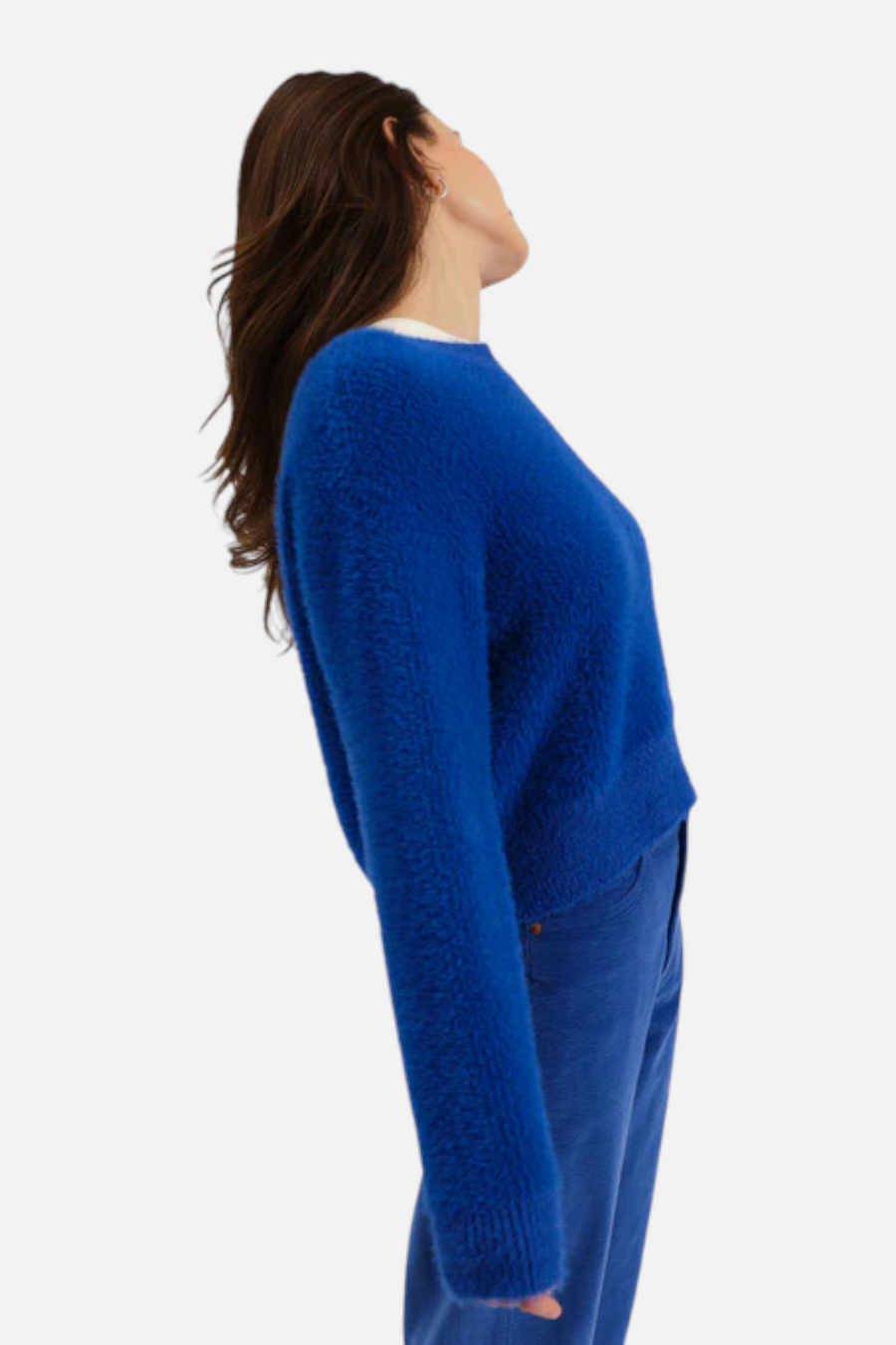 Daze Fuzz Crewneck Eyelash Sweater in Cobalt