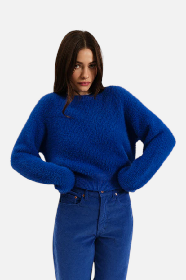 Daze Fuzz Crewneck Eyelash Sweater in Cobalt