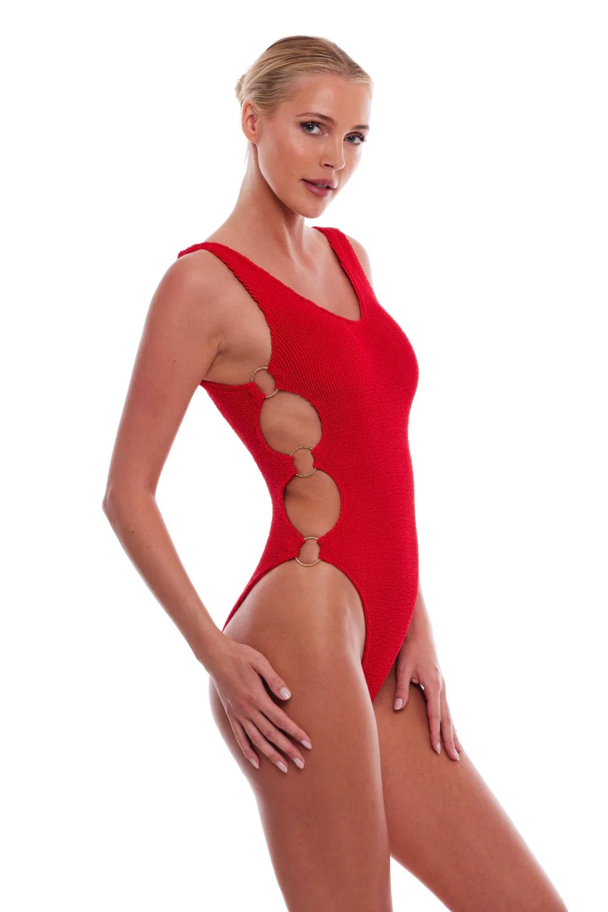 Love & Bikinis Dubai Multi-Ring Cutout One Piece Swimsuit in Red