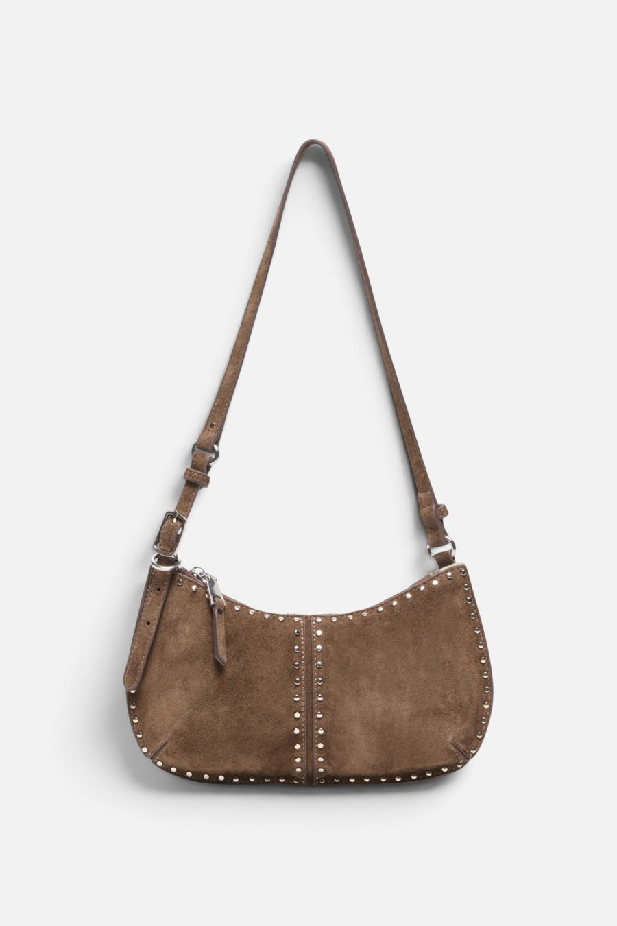 Dolce Vita Axelle curved baguette shoulder handbag in dark taupe with metal stud detail.