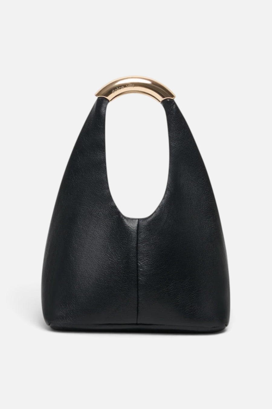 Dolce Vita Evelisse black top-handle handbag with metal hardware handle and oval cut-out.
