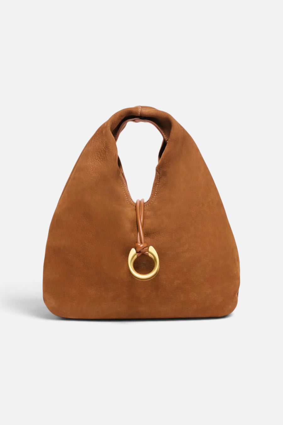 Dolce Vita Martin slouchy nubuck leather handbag in tobacco brown with metal charm detail.