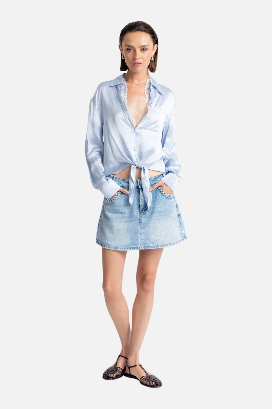 Dream Catcher Irene Satin Blouse in Light Blue