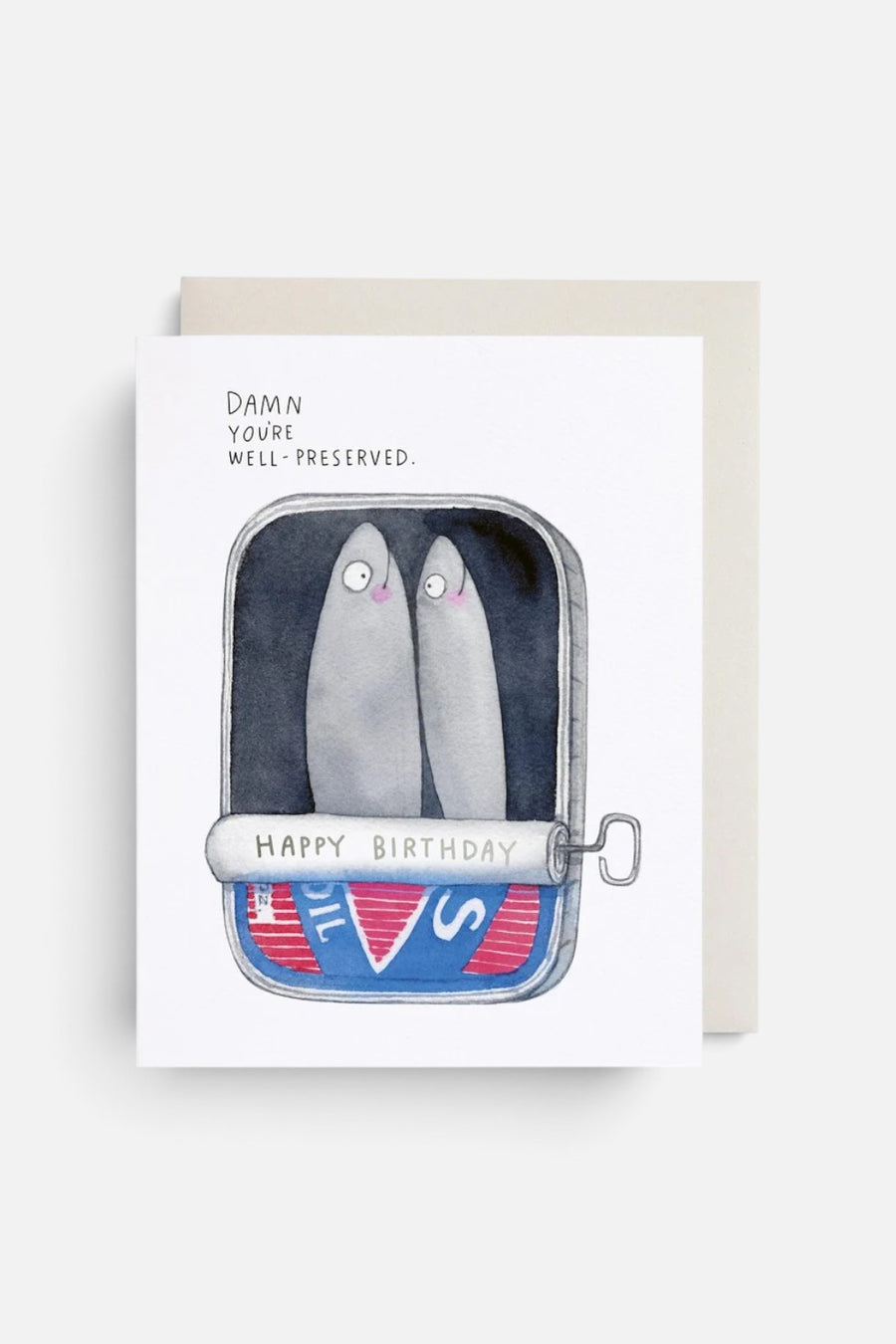 E. Frances Sardines Birthday Greeting Card with watercolor sardine illustration, front view.