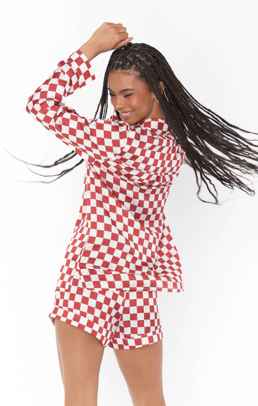 Show Me Your Mumu Early Riser PJ Set in Red Checker Silky