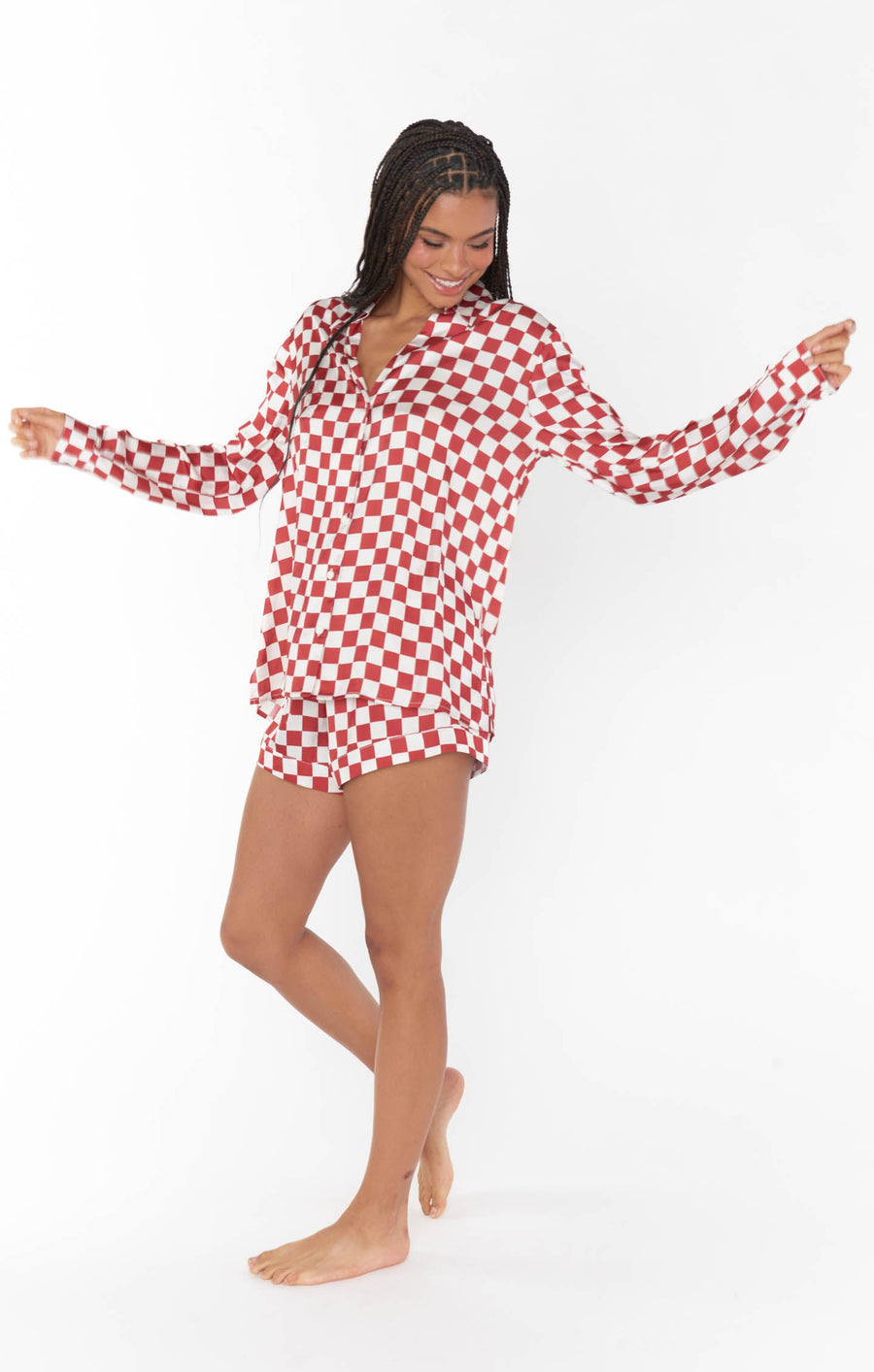 Show Me Your Mumu Early Riser PJ Set in Red Checker Silky