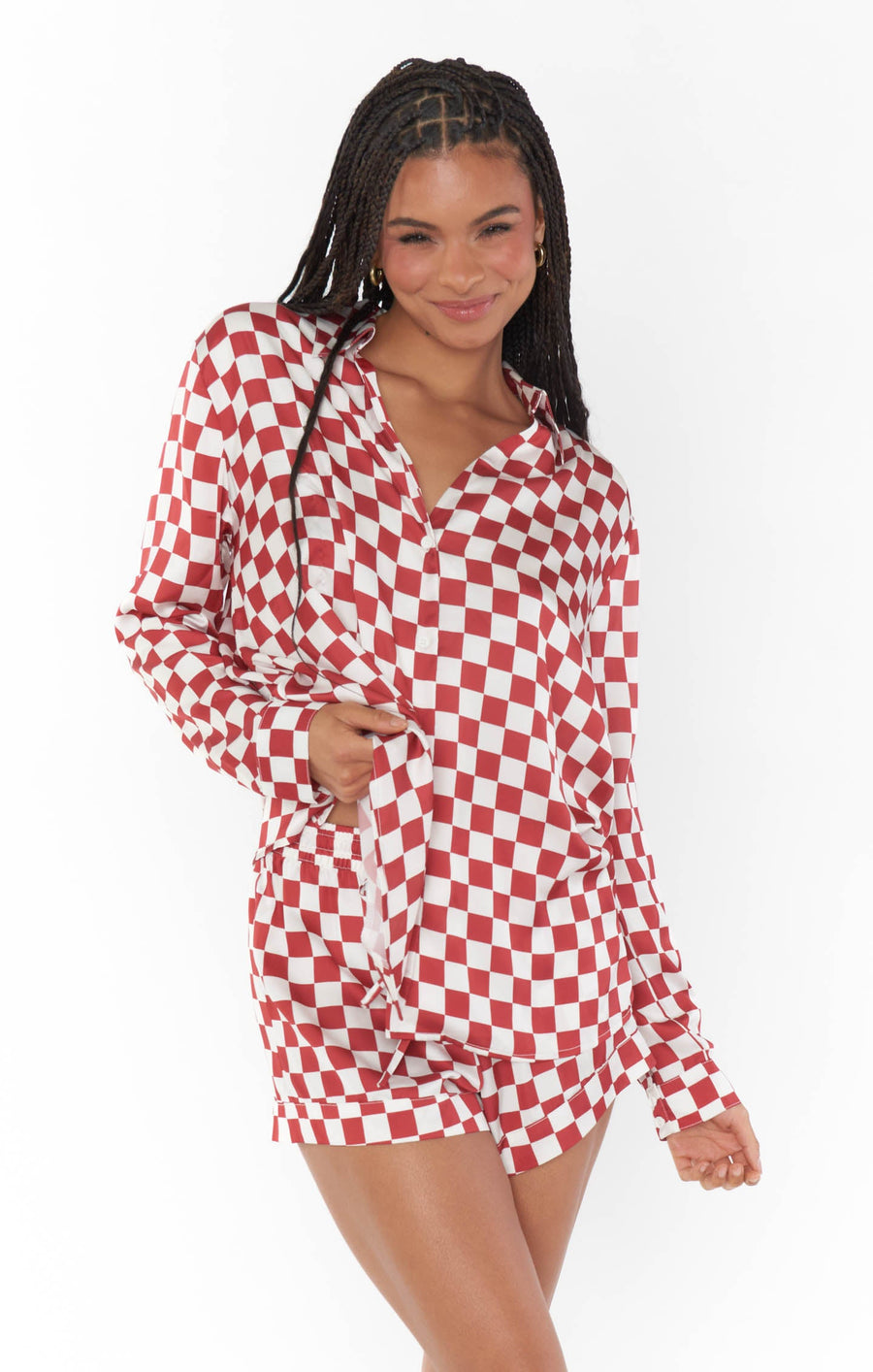Show Me Your Mumu Early Riser PJ Set in Red Checker Silky