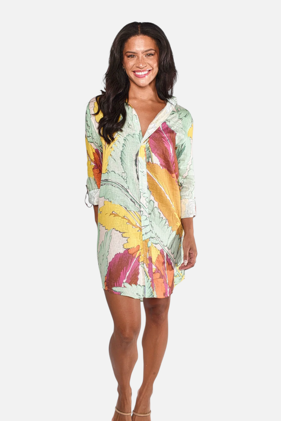 Emily Phillips Linen Leaf Girlfriend Dress in Yellow and Green