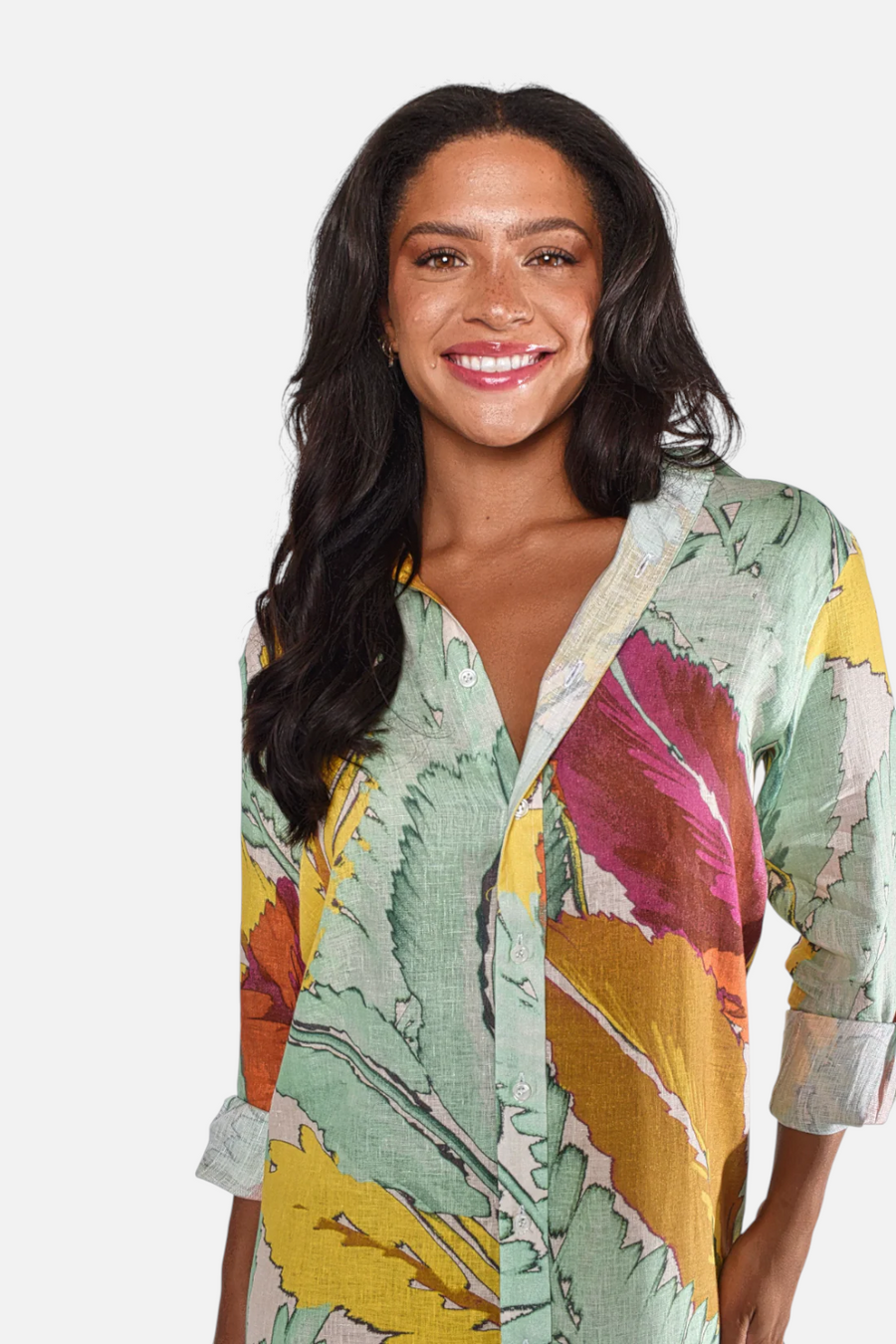 Emily Phillips Linen Leaf Girlfriend Dress in Yellow and Green