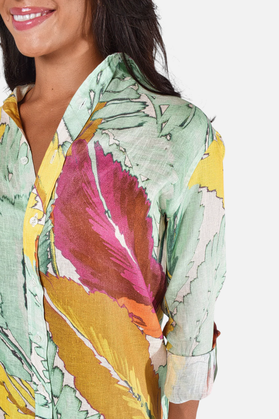 Emily Phillips Linen Leaf Girlfriend Dress in Yellow and Green
