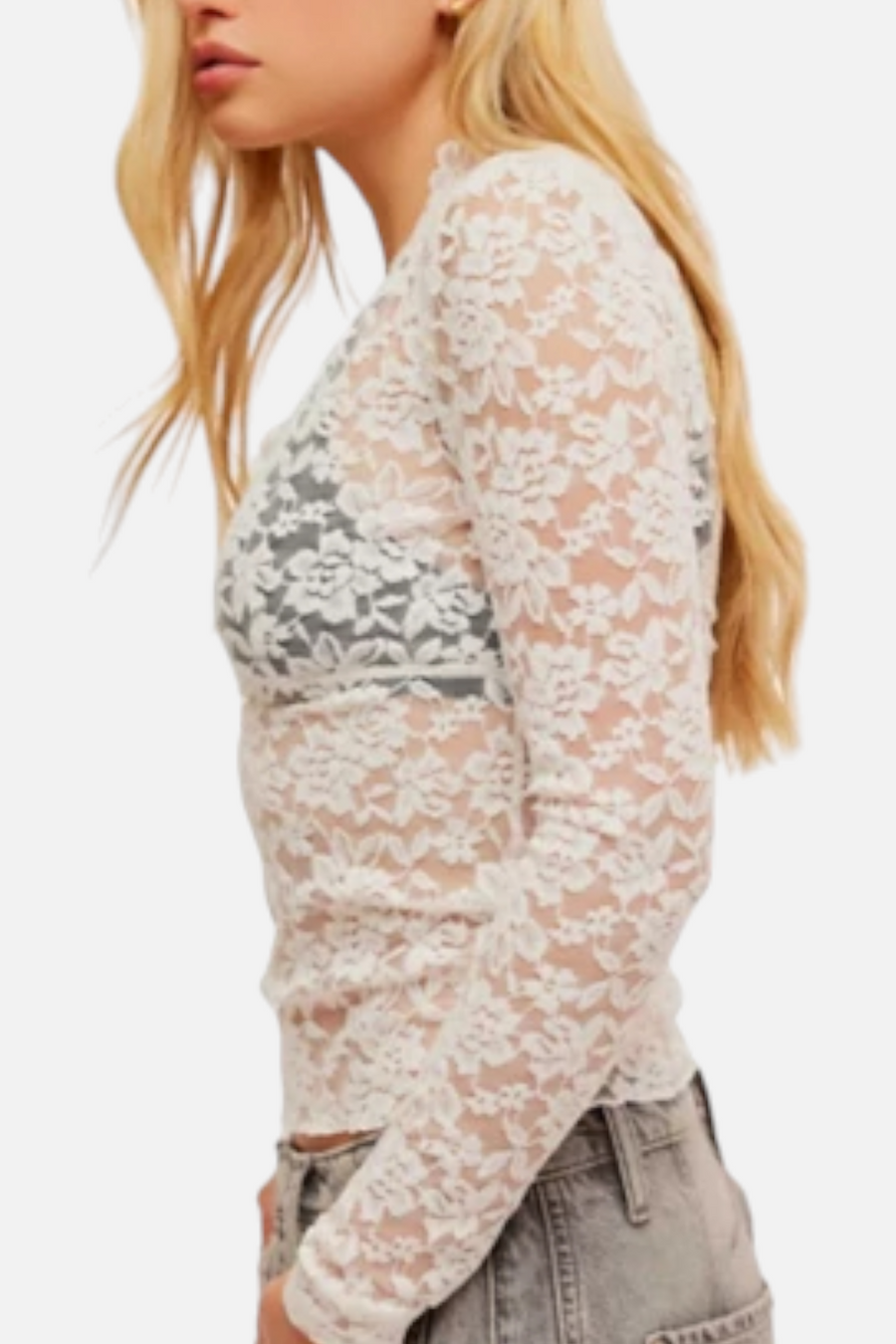 Free People Women's All Day Lace Long Sleeve in Ivory