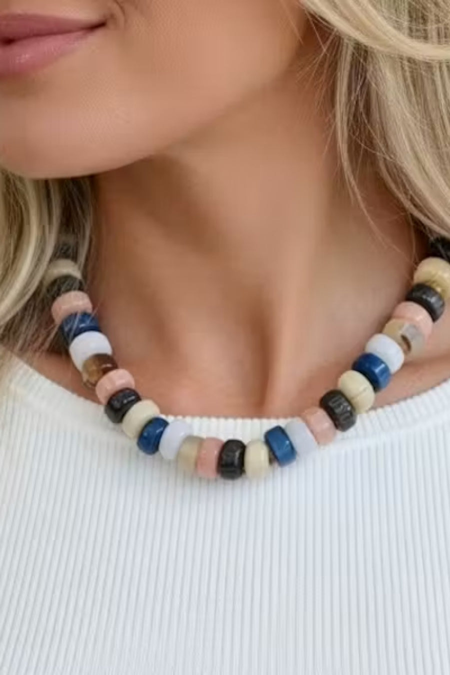 Farrah B Sugar Rush necklace with oversized multicolor acrylic beads and gold hardware.