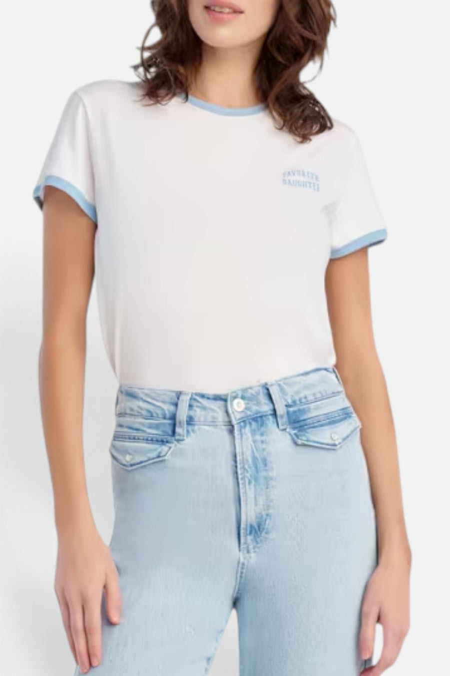 Favorite Daughter Collegiate Chest Logo Ringer Tee in White & Sea Blue