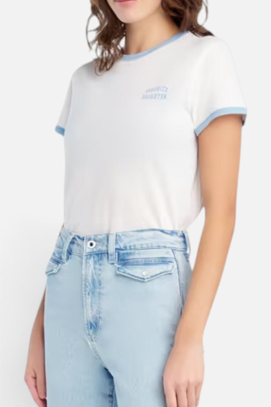 Favorite Daughter Collegiate Chest Logo Ringer Tee in White & Sea Blue