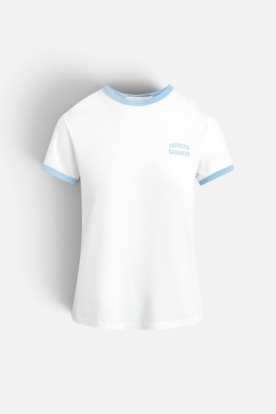 Favorite Daughter Collegiate Chest Logo Ringer Tee in White & Sea Blue
