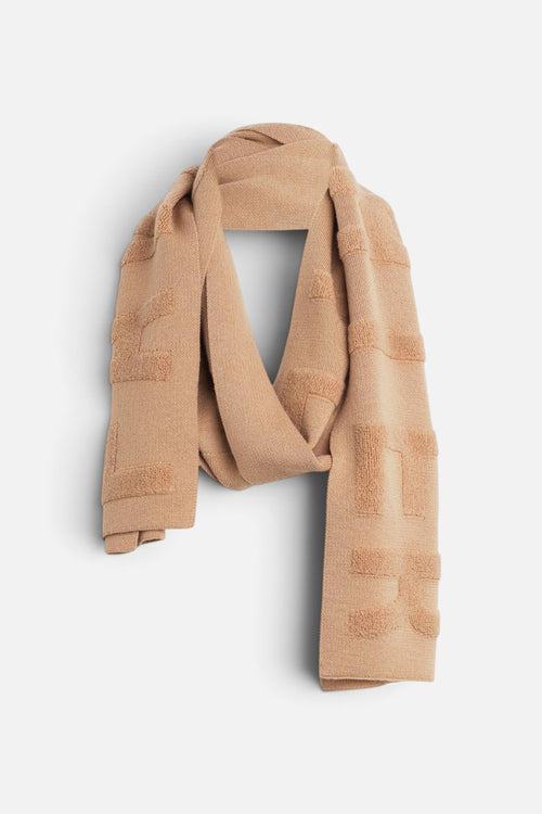 Favorite Daughter Fuzzy Logo Scarf in camel wool blend knit
