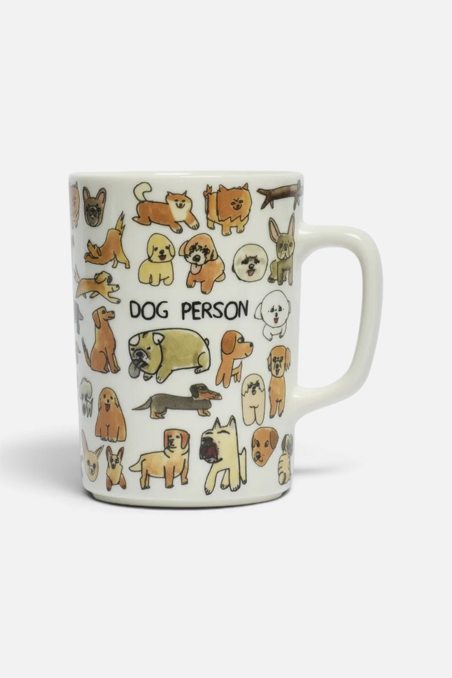 Fishs Eddy Dog Person white stoneware mug with black dog illustration by Ben Lenovitz.