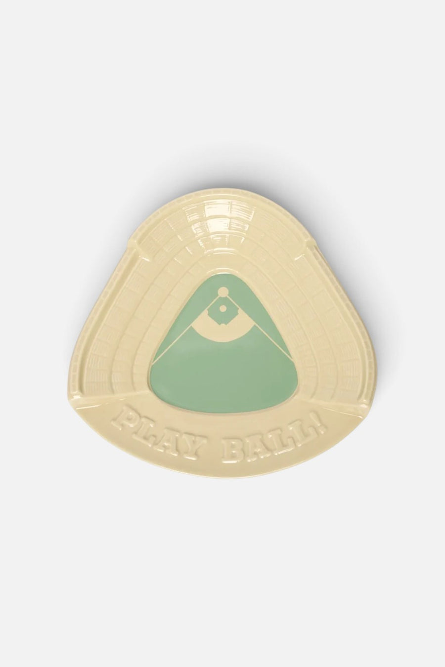 Fishs Eddy Play Ball ceramic soap dish shaped like a baseball field with mint green detail.