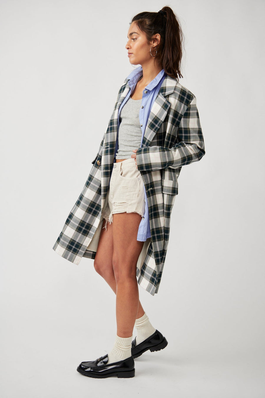 Free People Freddie Longline Blazer in Plaid