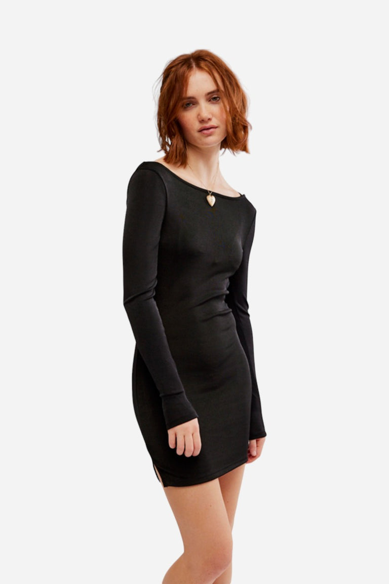Free People Call Me Later Long Sleeve Mini Dress in Black CHROME Free People Call Me Later Long Sleeve Mini Dress in Black CHROME