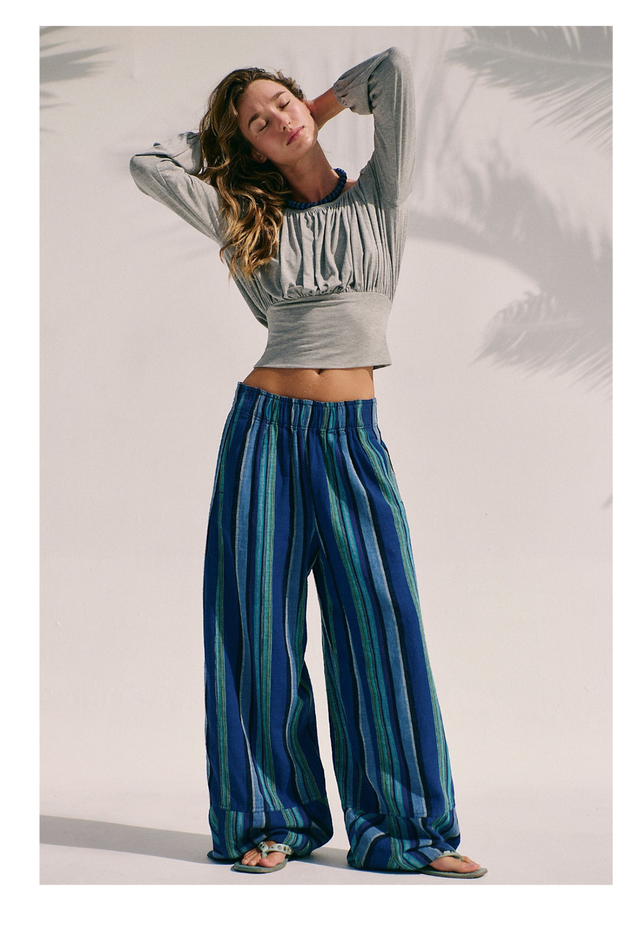 Free People Days End Solar Linen Stripe Pant in Navy