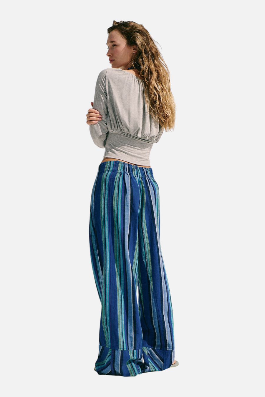Free People Days End Solar Linen Stripe Pant in Navy