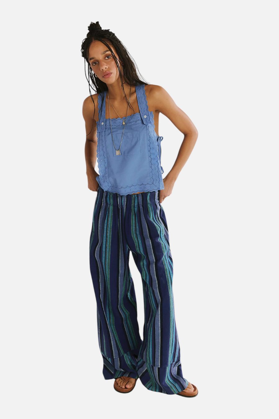 Free People Days End Solar Linen Stripe Pant in Navy