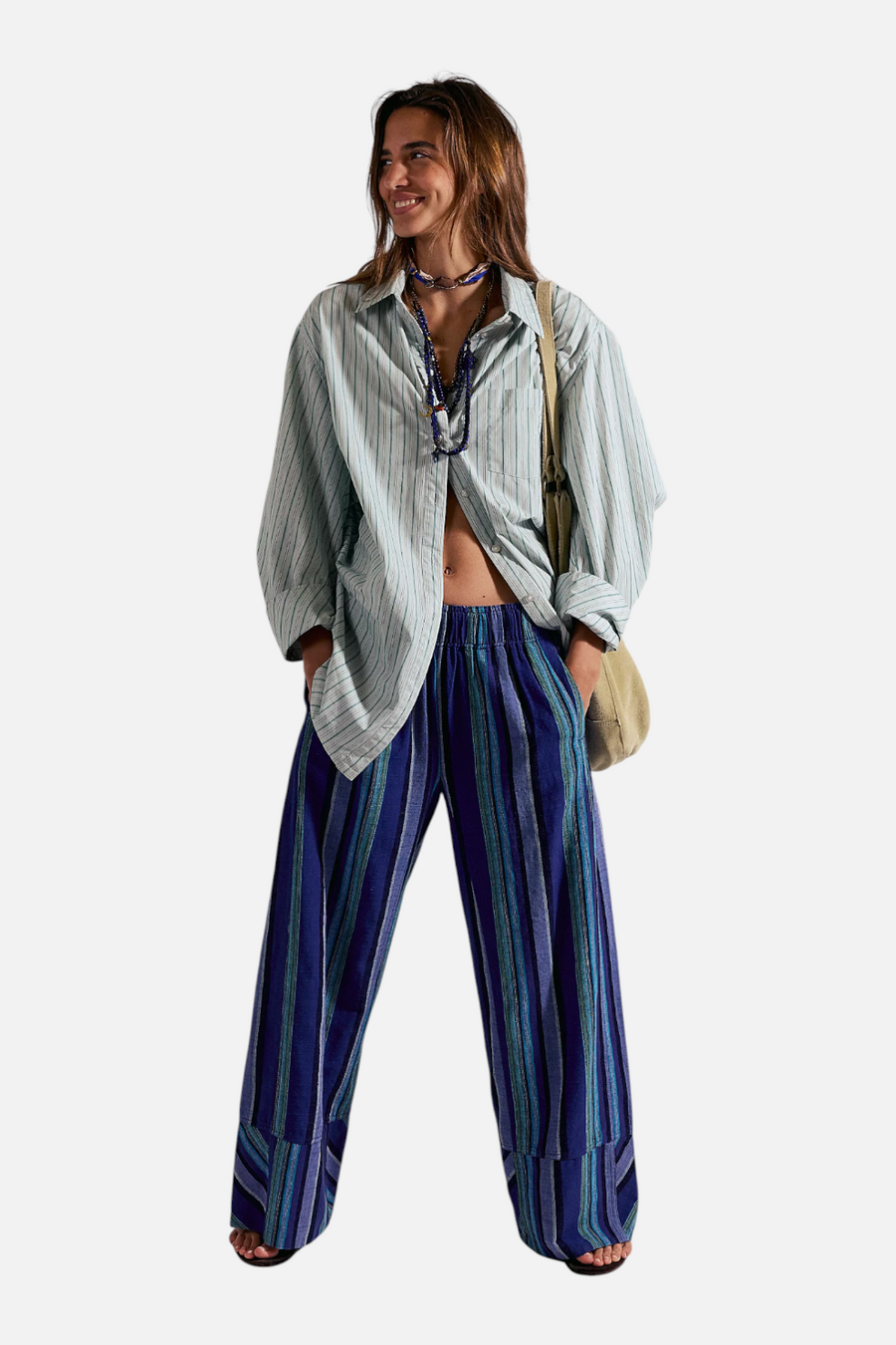Free People Days End Solar Linen Stripe Pant in Navy