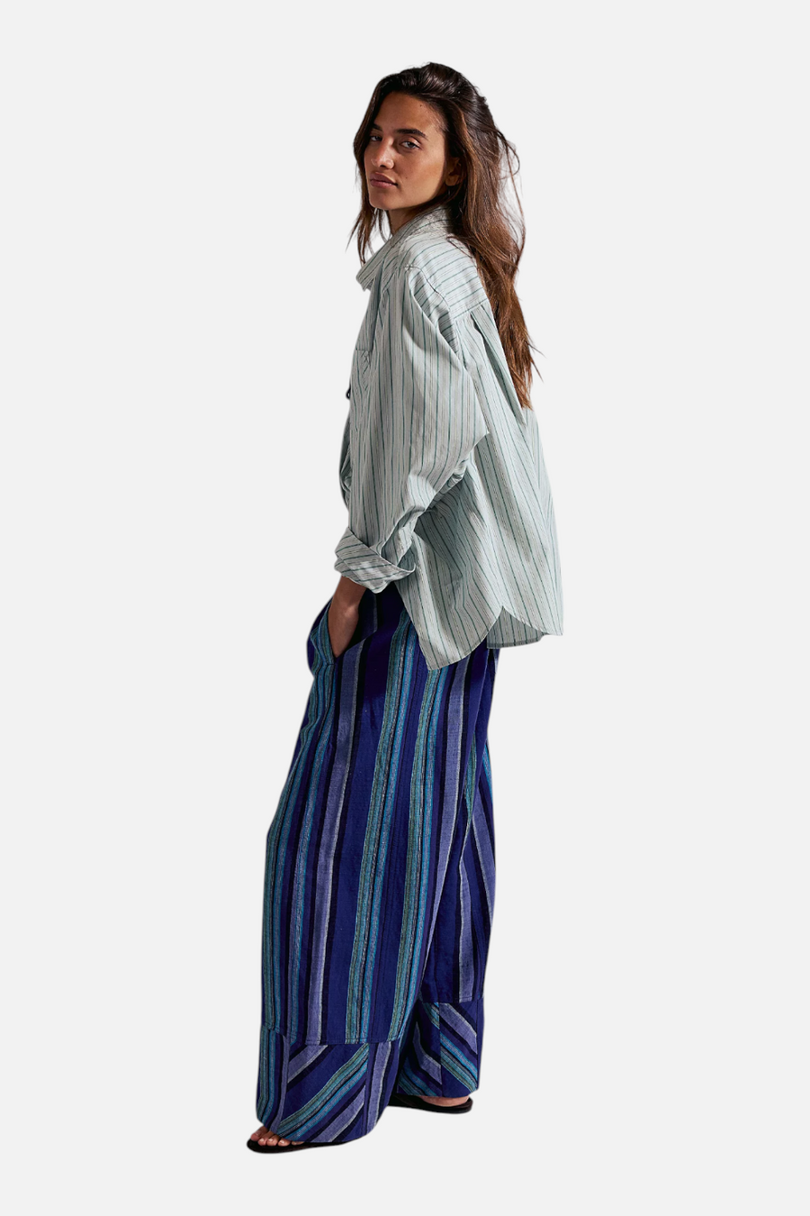 Free People Days End Solar Linen Stripe Pant in Navy