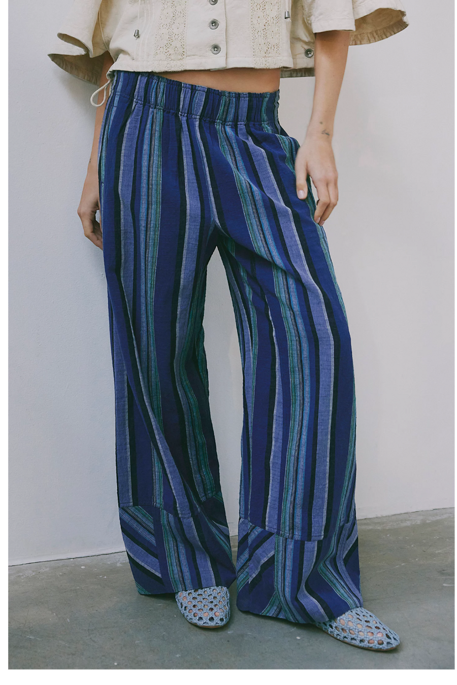 Free People Days End Solar Linen Stripe Pant in Navy