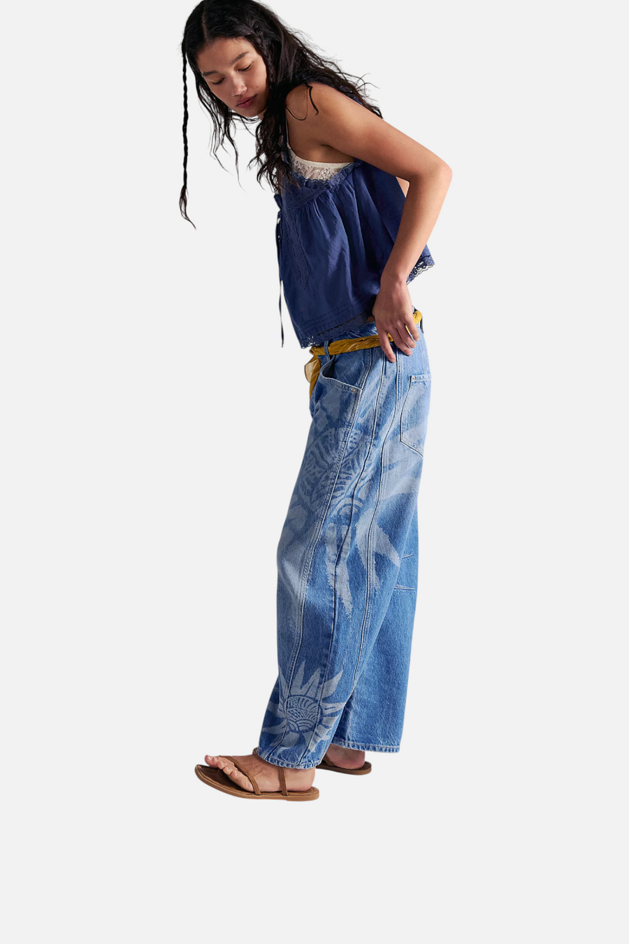 Free People Good Luck Printed Barrel Jean in Sun Fade