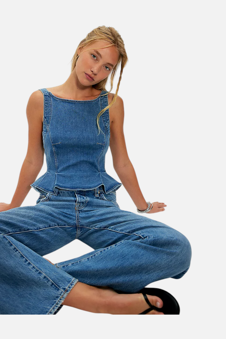 Free People Sunfaded Denim Top in Steel Blue