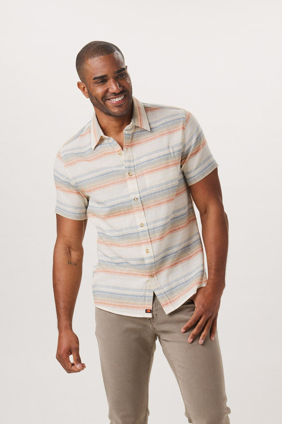 The Normal Brand Freshwater Short Sleeve Button Up Shirt in Canyon Stripe