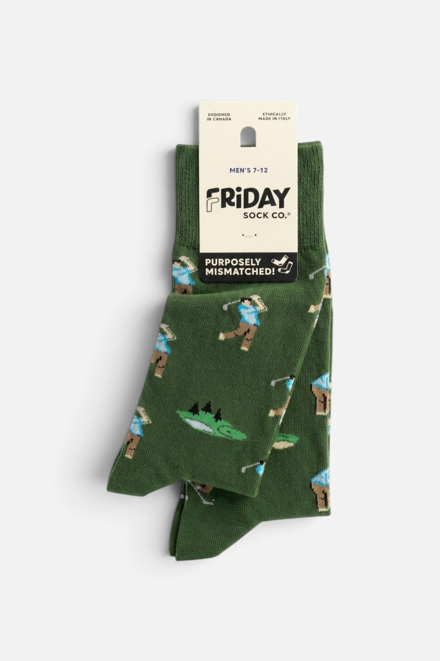 Friday Sock Co Golf Swing and Putt socks with golf motif, pair laid flat.